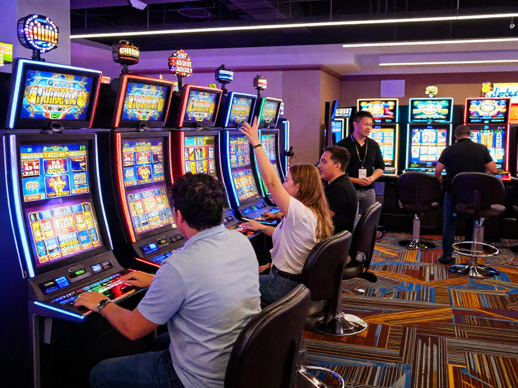 Exciting casino scene where new members engage with slot machines showcasing a slot bonus new member 100 promotion.