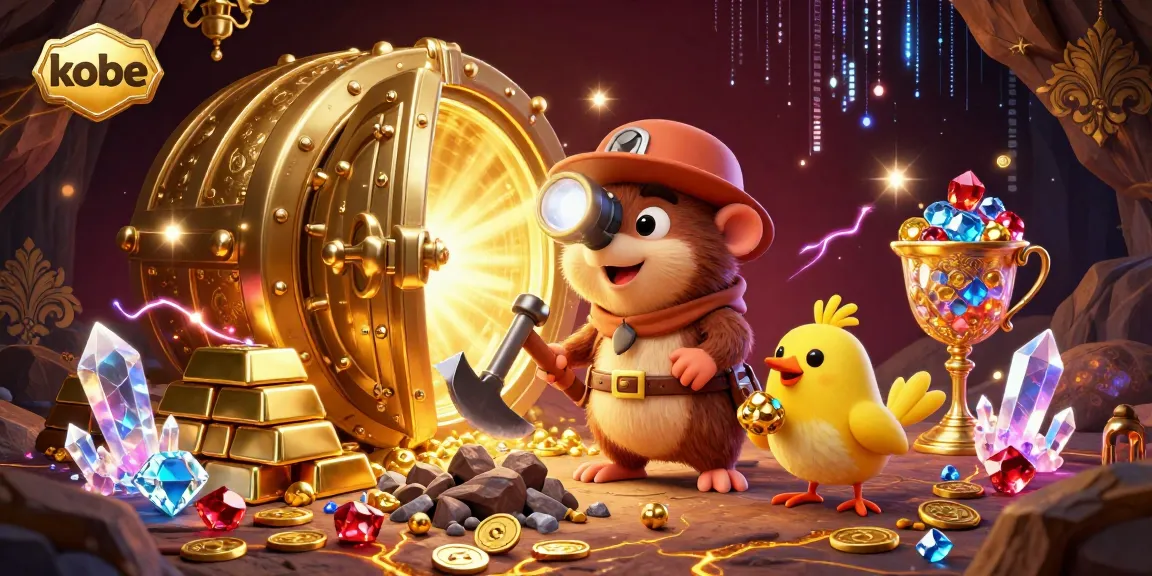 Kobe treasure hunter mole mining gems in a vibrant casino-themed illustration with gold elements.