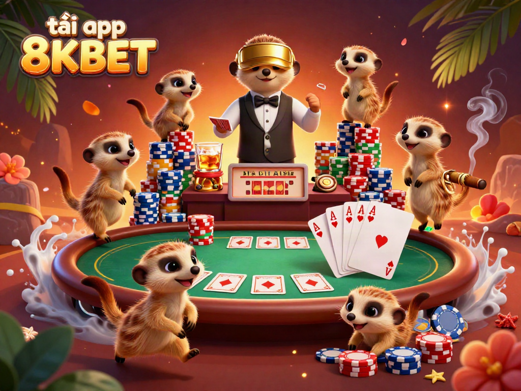 Engage in gaming excitement with tải app 8KBET illustrated by a lively meerkat casino scene.