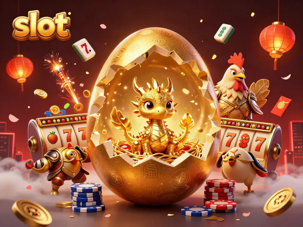 Experience exhilarating slot action with a 3D golden dragon beside poker chips and vibrant casino elements.