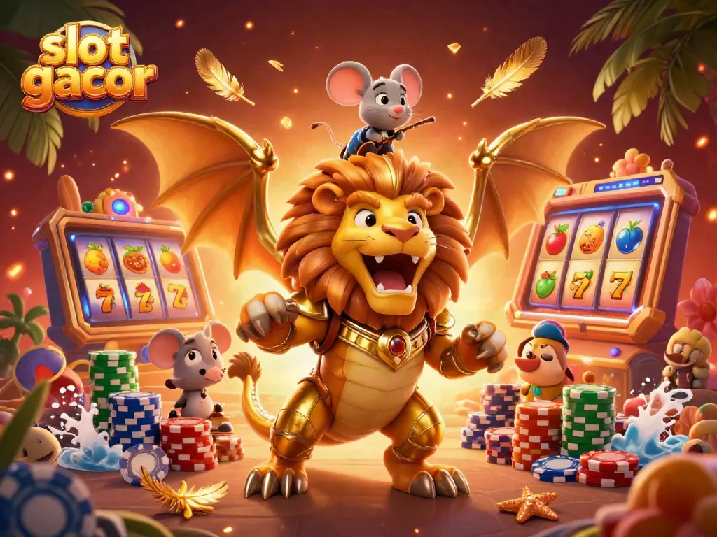 Ilustrasi slot gacor dengan chimera berarmor emas dan simbol slot mengelilinginya.