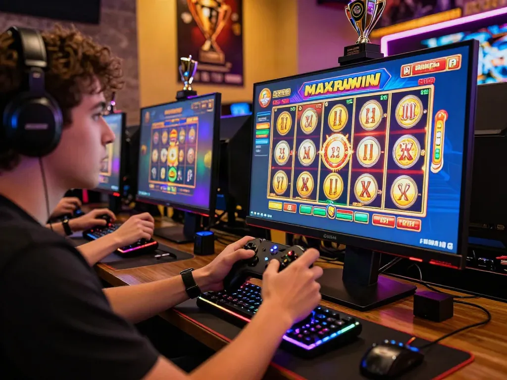 Player excitedly engaging with vibrant gaming setup while aiming for slot maxwin, showcasing modern online gambling.