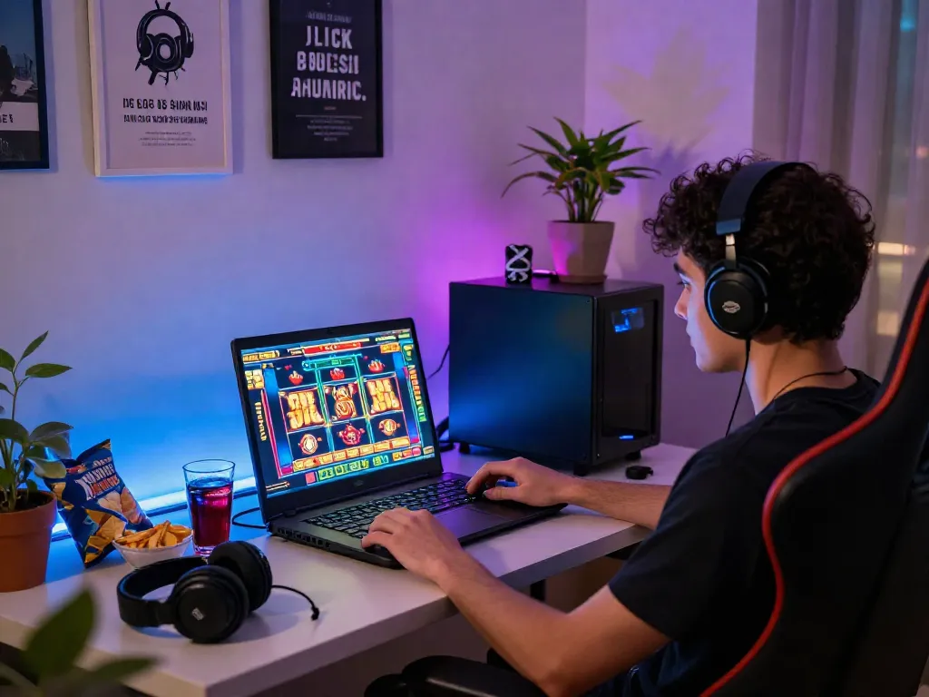Engaging scene of a player enjoying slot gacor maxwin games at home, surrounded by vibrant graphics and a cozy atmosphere.
