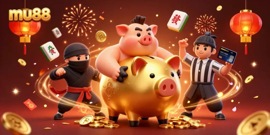 Exciting mu88-themed digital illustration showcasing a sumo wrestler piggy bank and dynamic gaming elements.