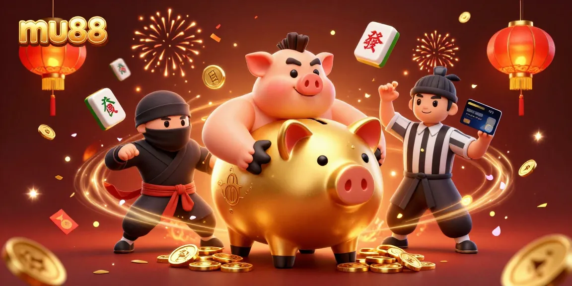 Exciting mu88-themed digital illustration showcasing a sumo wrestler piggy bank and dynamic gaming elements.