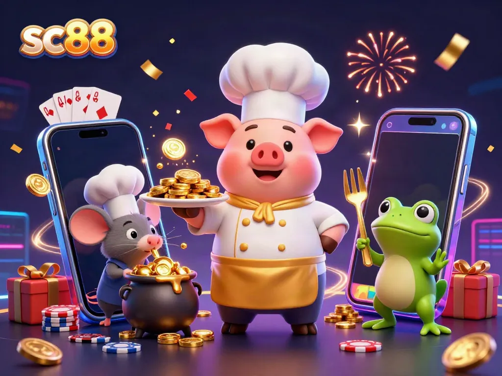 Experience the excitement of SC88 with vibrant casino-themed 3D illustration featuring characters interacting with gaming elements.
