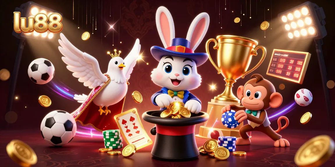 Experience lu88 with a dazzling 3D scene featuring a magician rabbit, poker chips, and sports elements.