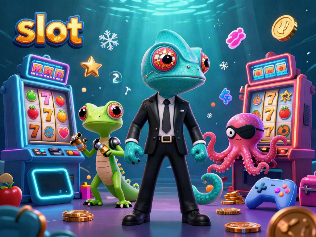 Slot penuh warna yang menunjukkan mesin slot, karakter kartun, dan elemen permainan kasino lainnya.