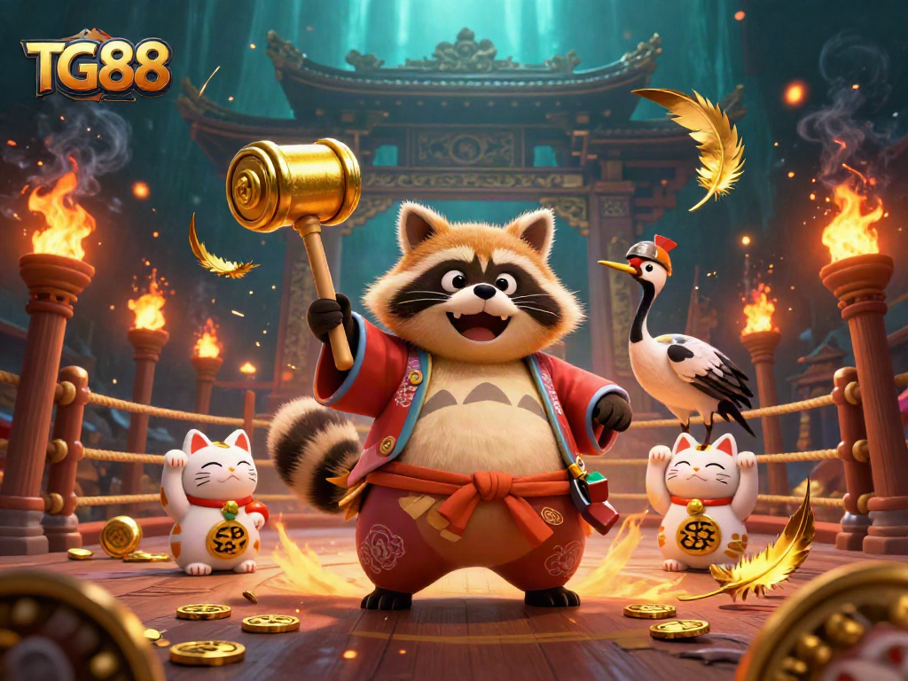 TG88 engaging players in a vibrant casino scene with maneki-neko cats and festive elements.