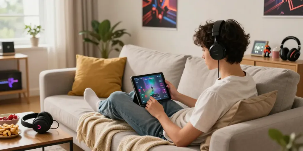 Engaged user gaming on tablet in a stylish living room, embracing the rokok88 login experience.