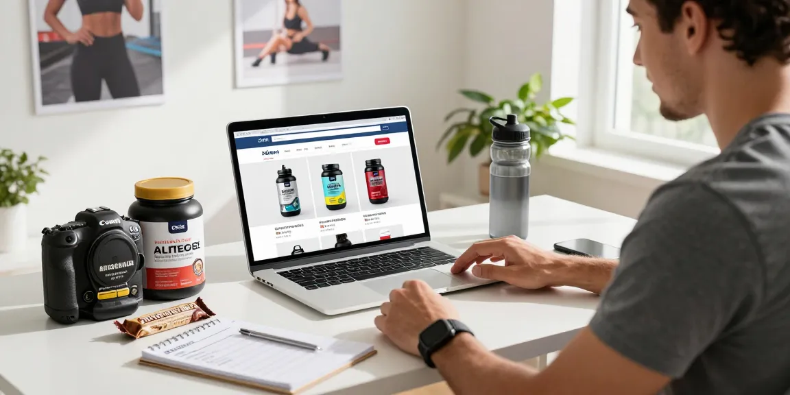 Fitness enthusiast browsing Astera Shop for high-quality steroids and supplements in a modern workspace.