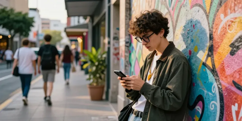 Jovem usando óculos de grau estilizados em cena urbana vibrante com grafites.