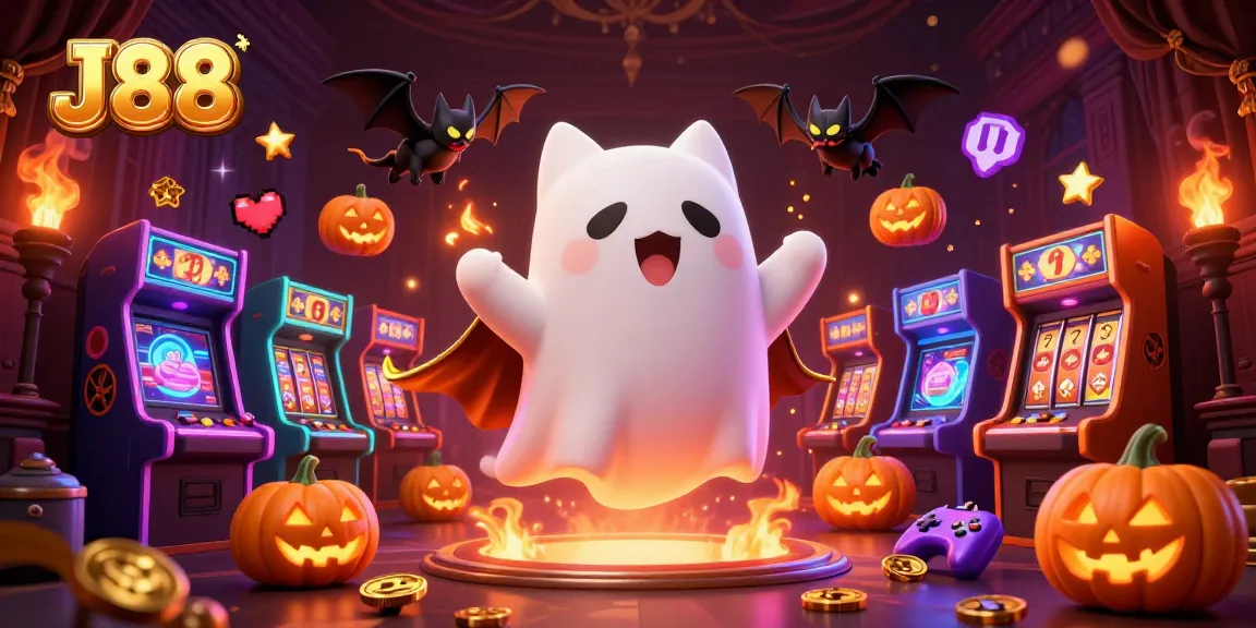 Engage with J88 at our haunted casino, featuring a ghost cat and vibrant slot elements.