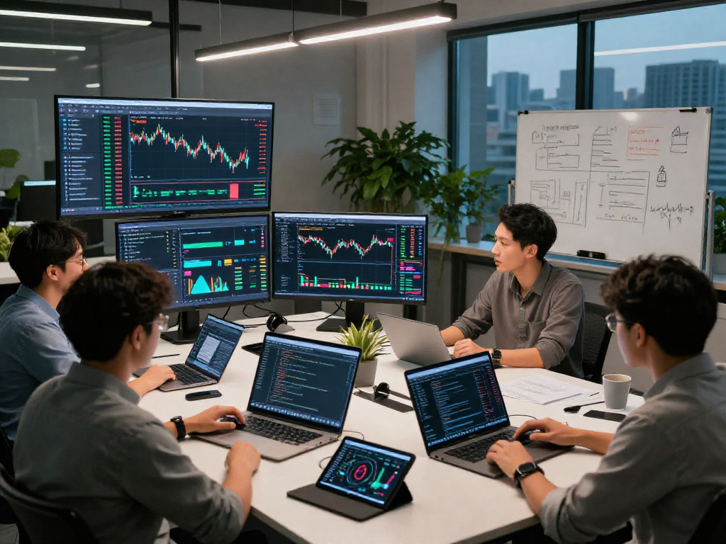 Interactive team collaboration on futures quant backtesting data API in a modern tech workspace