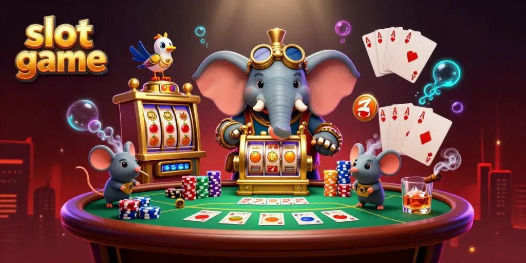 Slot game dengan elemen mesin slot, karakter dan suasana kasino yang menarik.