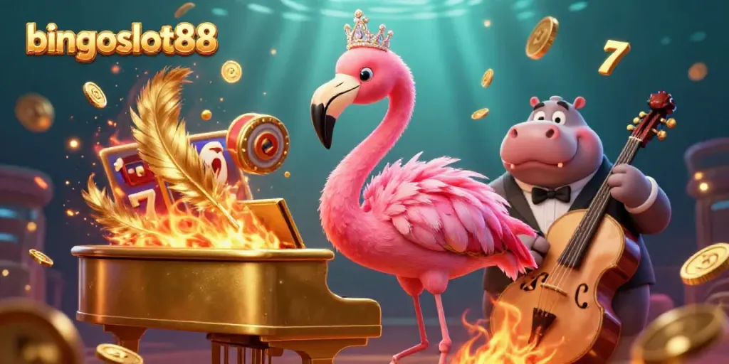 Rasakan keseruan bingoslot88 dengan penyanyi flamingo dan pemusik hippo dalam suasana kasino yang meriah.