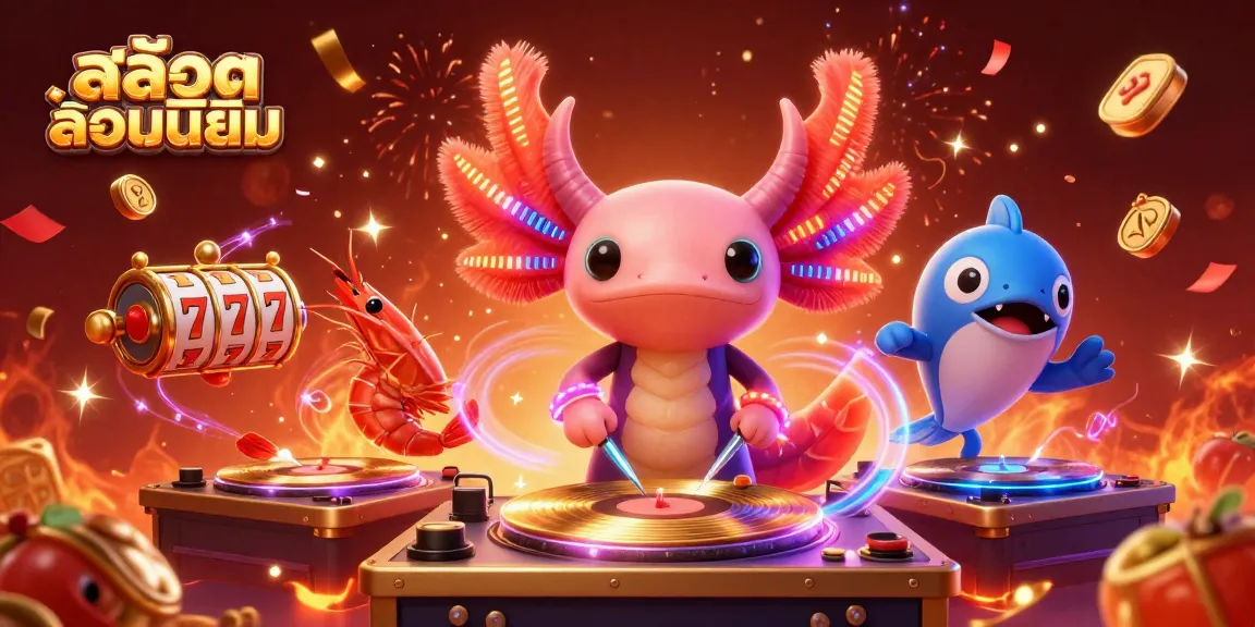 Engage with สล็อตยอดนิยม through vibrant illustrations of casino fun featuring axolotl DJ and dynamic jackpot elements.
