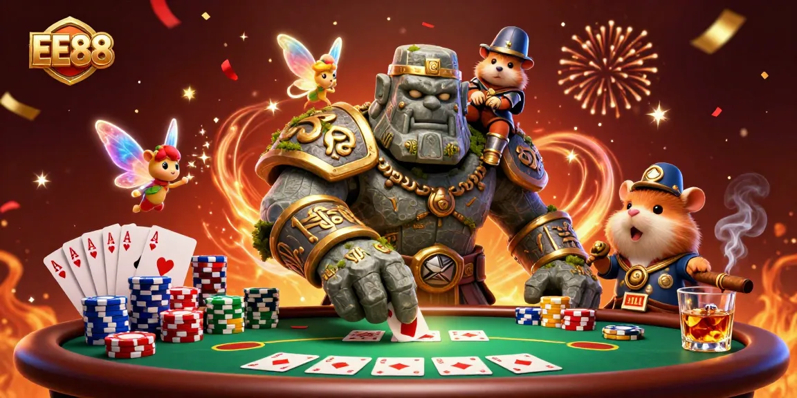 Experience EE88 gaming excitement with a magical scene featuring lively characters playing poker.