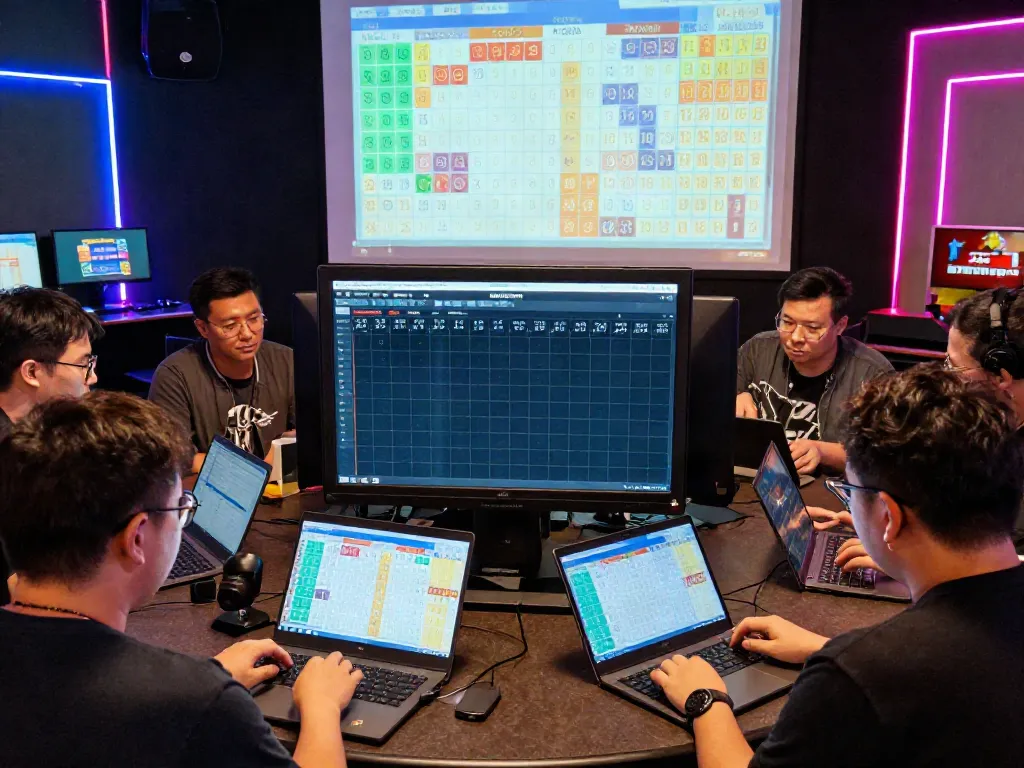 Players engaging in online togel gaming, analyzing lottery results and patterns in a vibrant setting.