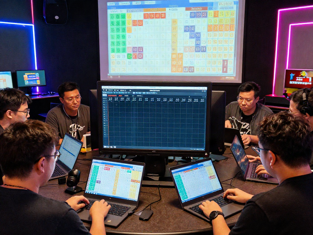 Players engaging in online togel gaming, analyzing lottery results and patterns in a vibrant setting.