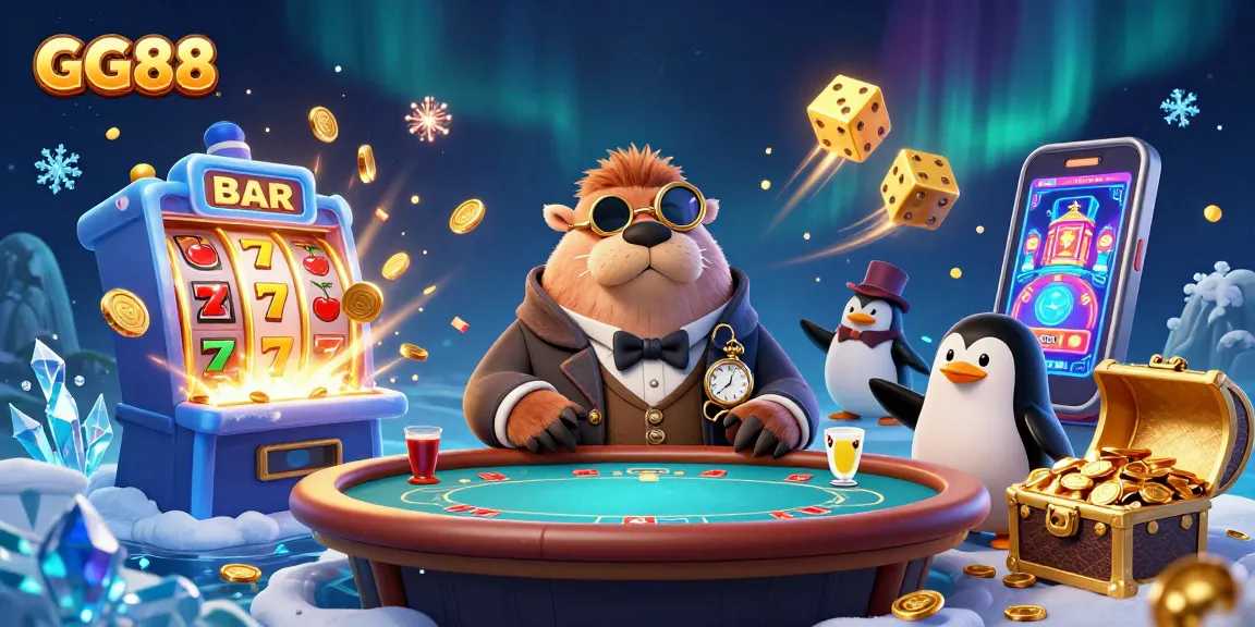 Experience the excitement of GG88 with a vibrant underwater casino scene showcasing slot machines, a walrus, and a penguin dealer.