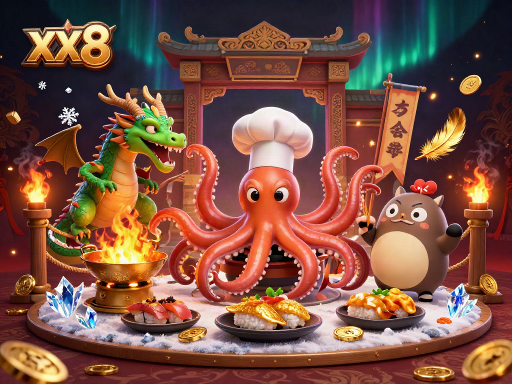 Experience xx8 with a dynamic 3D cartoon scene featuring an octopus chef and dragon in a casino setting.