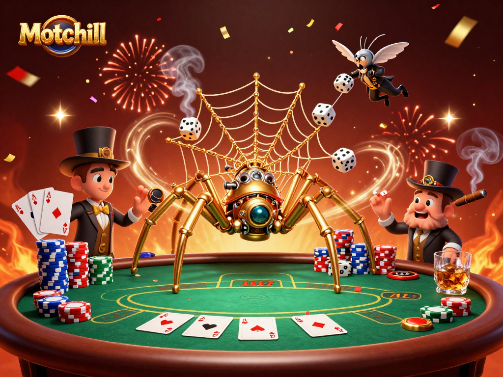 Experience thrilling bets with Motchill, where a steampunk spider captures unlucky dice in a vibrant casino scene.