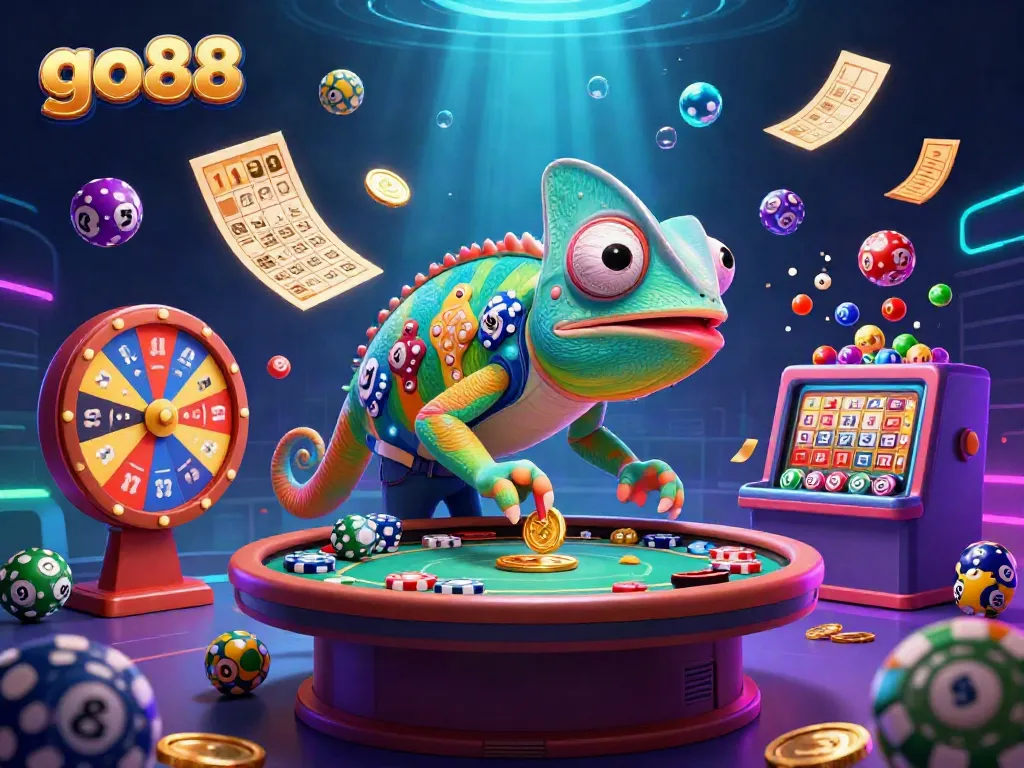 Experience the thrilling go88 casino action with a colorful chameleon and vibrant lottery elements.