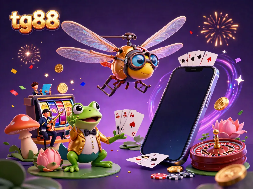 Join the excitement at tg88 with a vibrant dragonfly casino illustration filled with action and games.