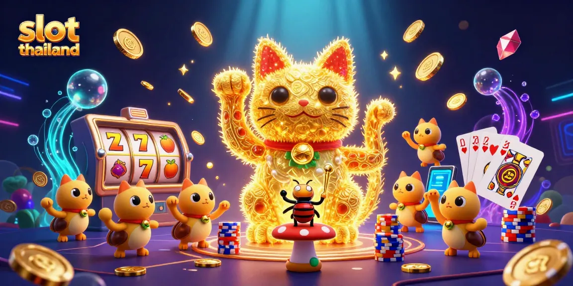 Experience slot thailand with a whimsical lucky cat and vibrant casino elements in a dazzling 3D scene.