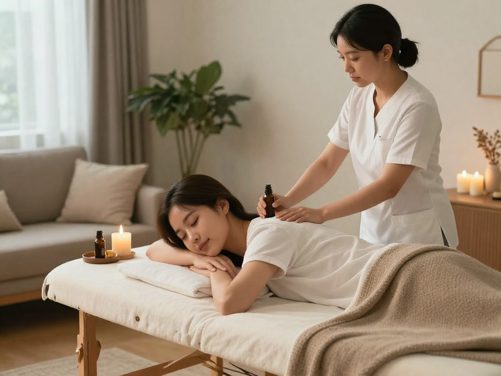 Young woman receiving 강동구출장안마 in a relaxing home spa environment with a professional massage therapist.