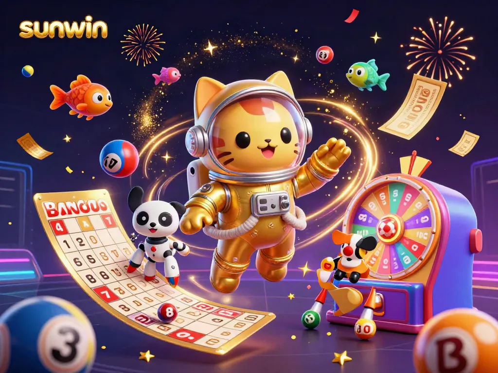 Experience excitement at sunwin with a 3D cartoon astronaut cat and colorful lottery elements in a cosmic scene.