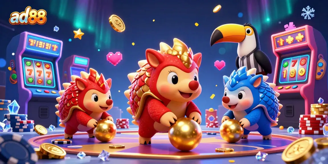 Experience the thrilling gaming world of ad88 with rival pangolins rolling through poker chips and slot symbols.