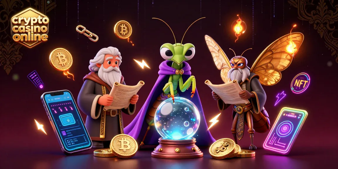 Gioca nel crypto casino online con divertenti personaggi e monete luminose in un'illustrazione vivace.