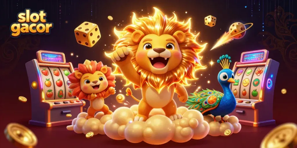 Engage with slot gacor visuals featuring a roaring sun lion, golden dice, and vibrant slot reels.
