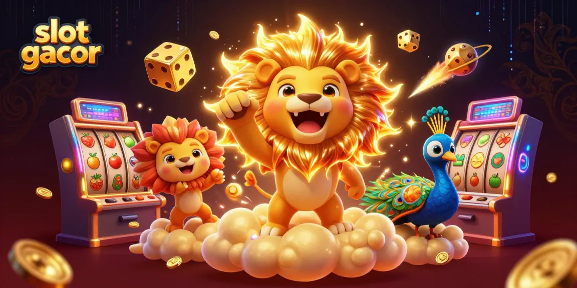 Engage with slot gacor visuals featuring a roaring sun lion, golden dice, and vibrant slot reels.