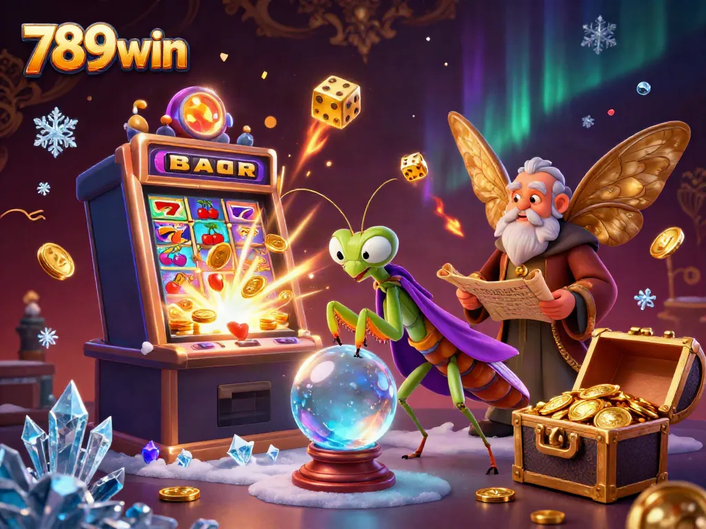 Experience the excitement of 789win with a vibrant 3D slot machine and fortune teller scene.