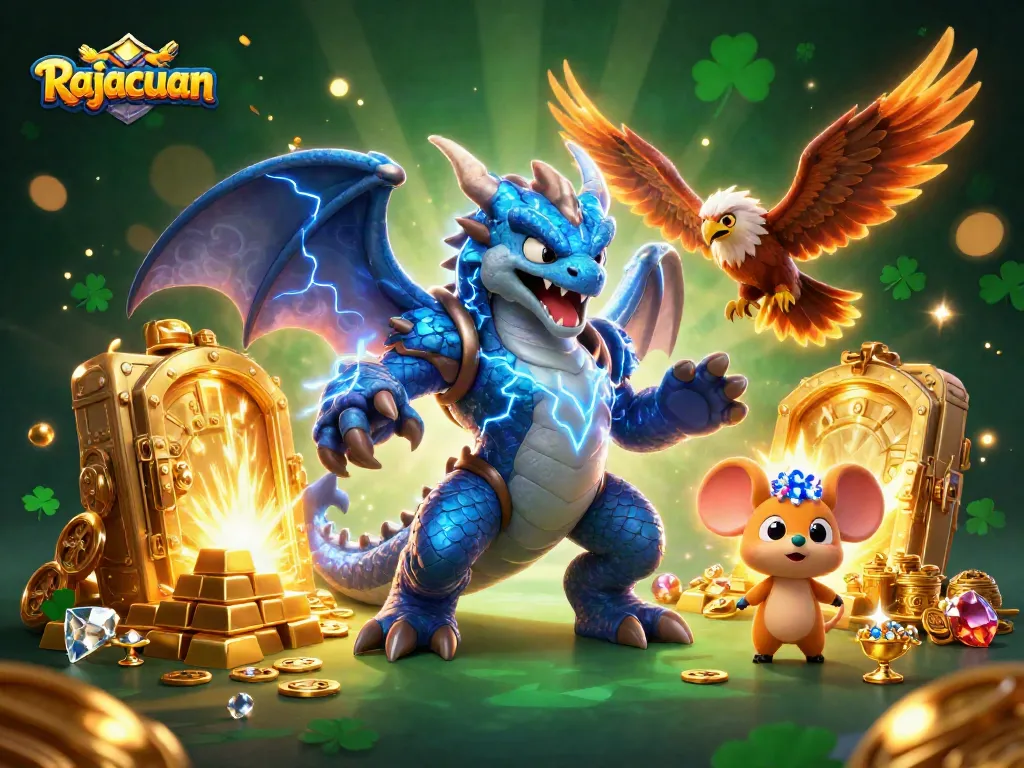 Rajacuan offers an electrifying representation of a powerful dragon and treasures, perfect for gaming excitement.