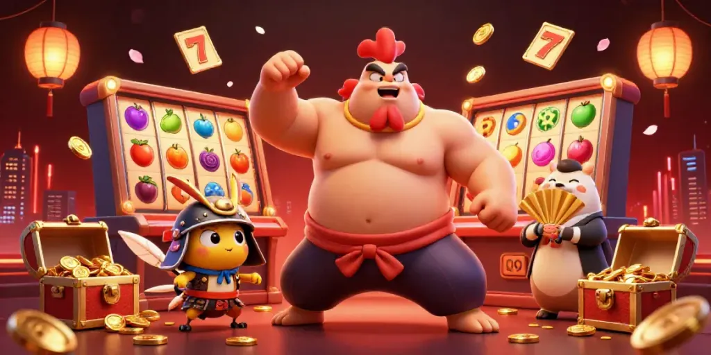 Slot demo menarik dengan karakter ayam jantan dan simbol keberuntungan di kasino.