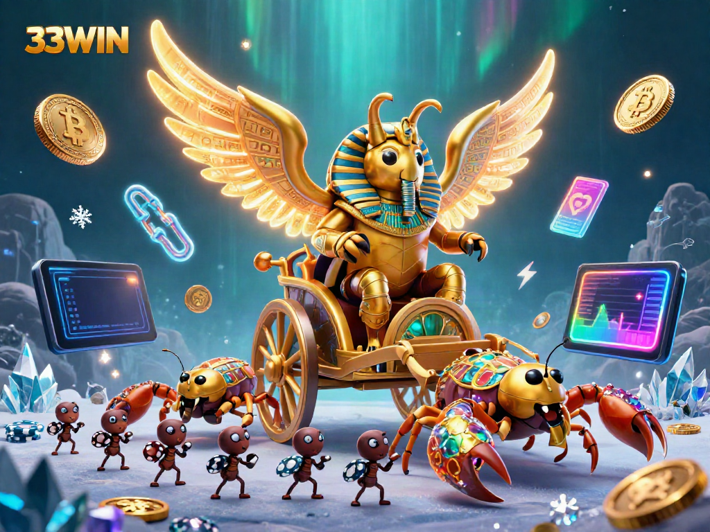 Engage with 33WIN through an exciting scene featuring a golden scarab and scorpions among dynamic casino elements.