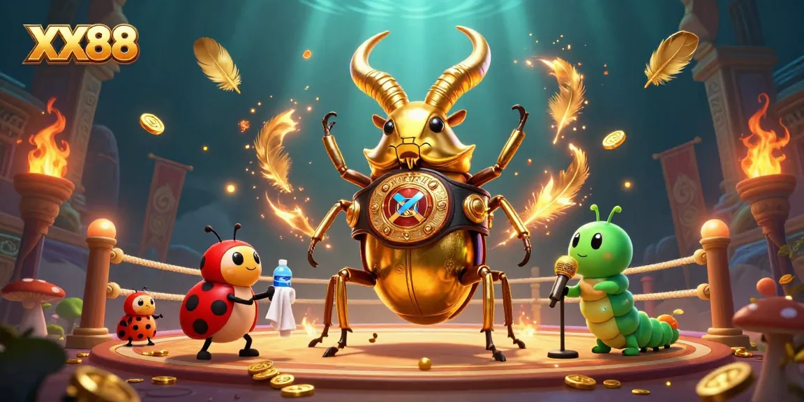 Bet on thrilling XX88 games with a golden stag beetle champion and lively arena ambiance.