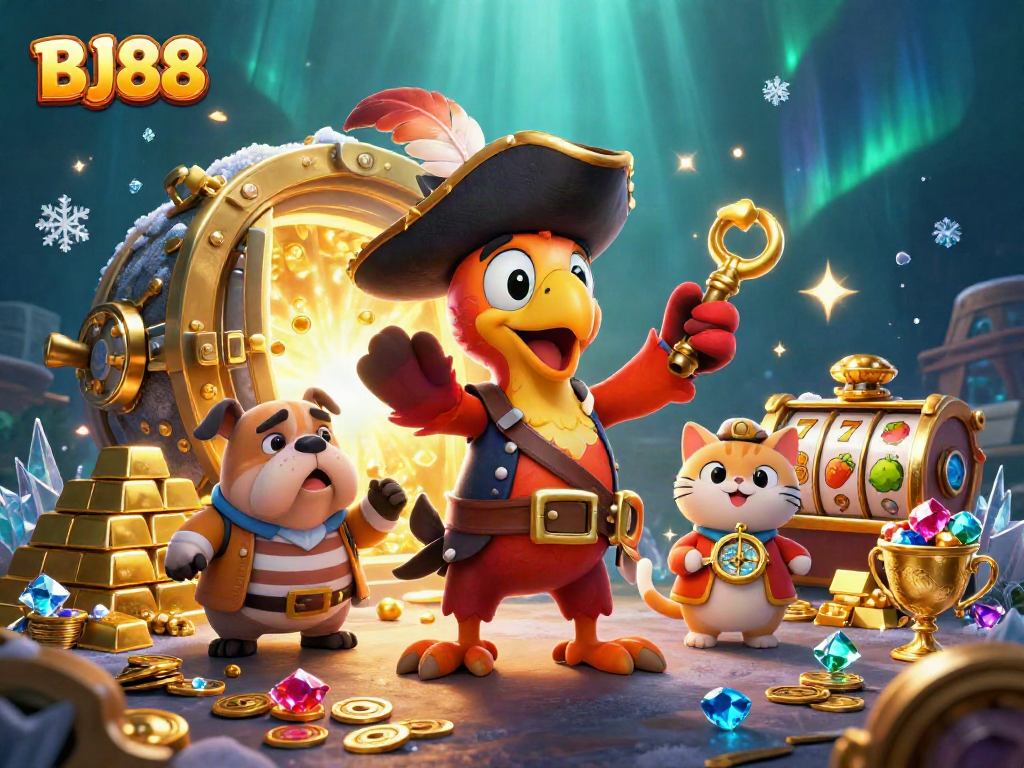 Bettors enjoy the vibrant world of BJ88 casino games with golden treasures and dynamic slot reels.