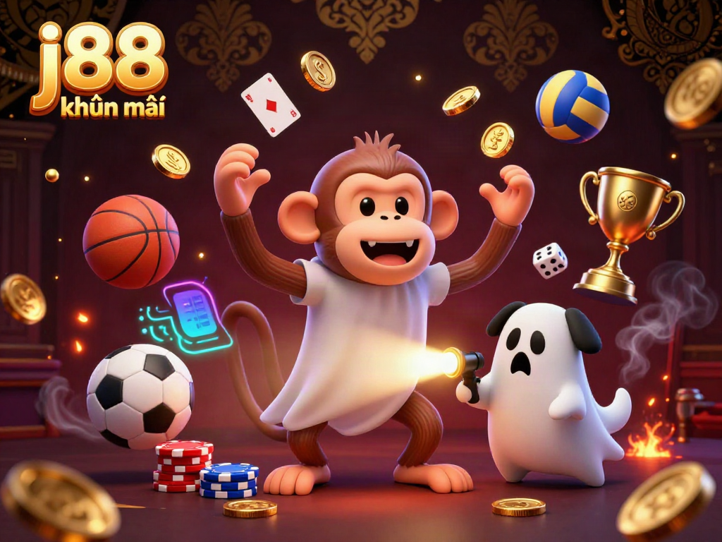 Experience the thrill at j88 khuyến mãi featuring a playful monkey and puppy in a haunted casino.
