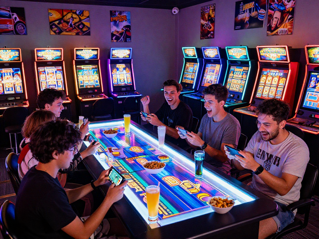 Friends enjoying a thrilling gaming session playing various slot games in a vibrant gaming lounge.