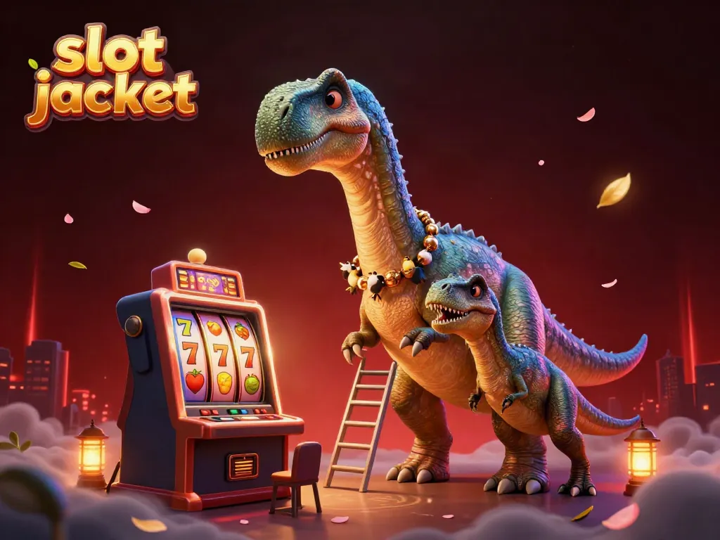 Experience the thrill of slot jackpot wins with a giant brontosaurus and clever raptor in a vibrant casino scene.