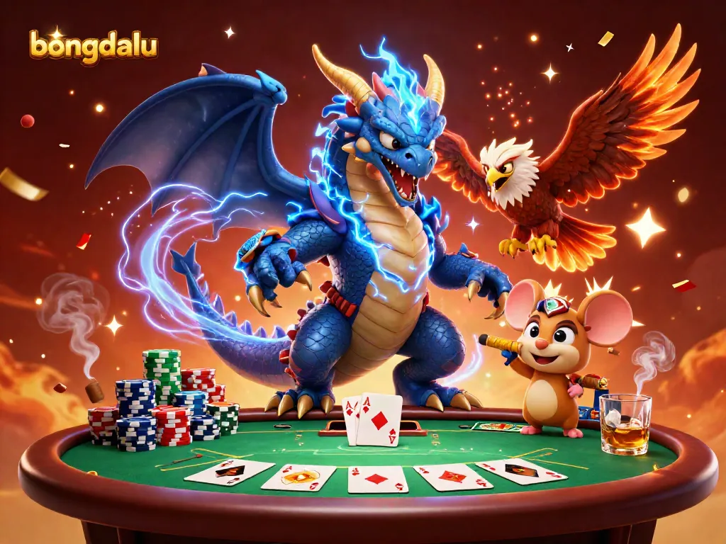Experience thrilling sports betting action with bongdalu's vibrant cartoon dragon and dynamic poker scene