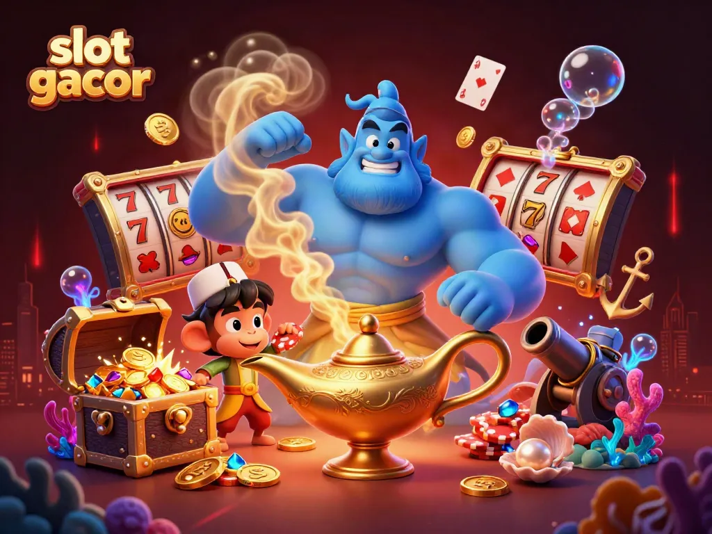 Experience the thrill of slot gacor with a magical scene featuring a genie, monkey, and poker chips amidst vibrant decorations.