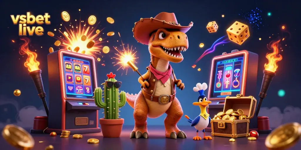 Engage in VSBet live gaming with a cartoon dinosaur and casino elements bursting with excitement.