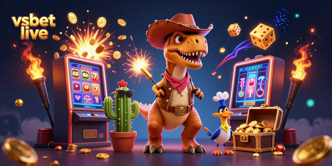 Engage in VSBet live gaming with a cartoon dinosaur and casino elements bursting with excitement.