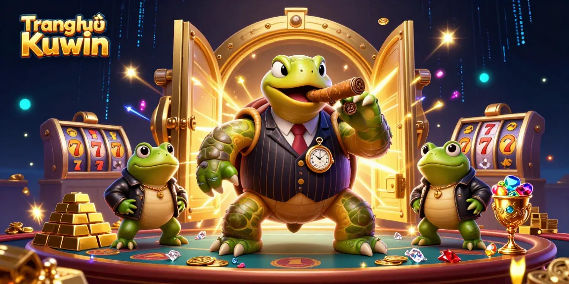 Win big at Trang chủ Kuwin with a vibrant casino scene featuring a massive turtle and frog enforcers.